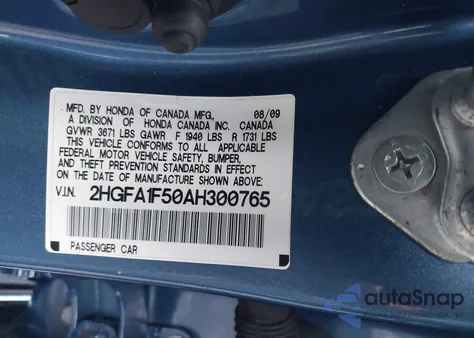 2010 Honda Civic Lx z USA, uszkodzony, nr VIN 2HGFA1F50AH300765